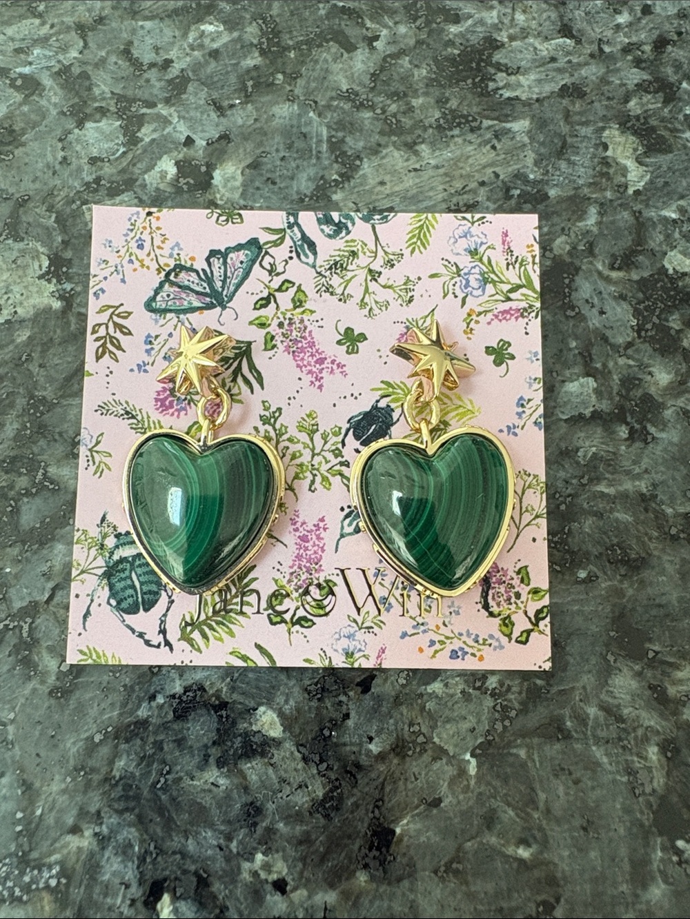 Gold-Tone Star Drop Earrings with Green Heart Stones